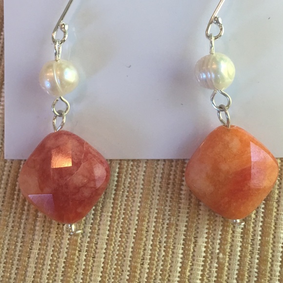 Sterling Pearl and Orange Stone Earrings - Picture 4 of 6